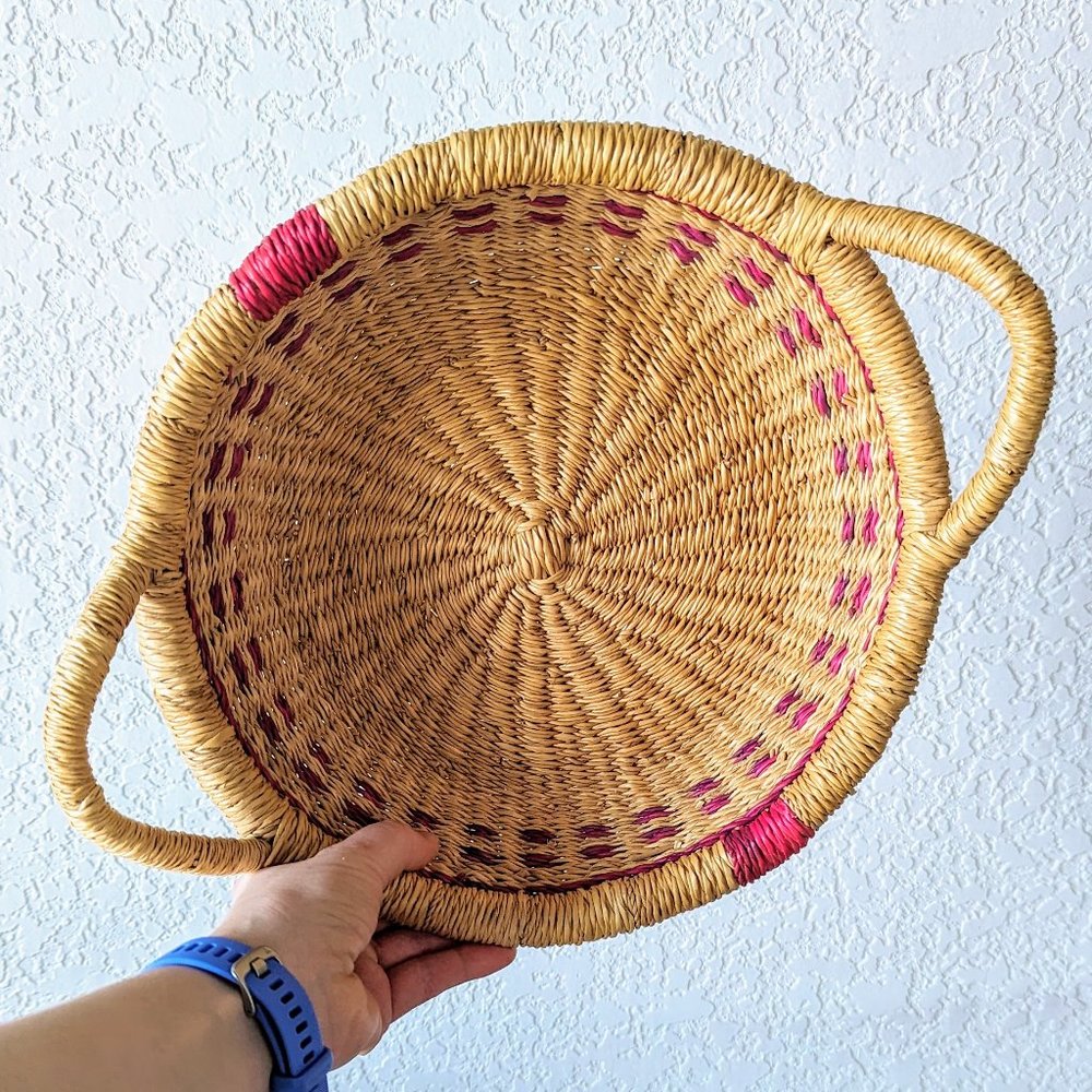 Vintage Tan Pink Purple Woven Wicker Straw Basket Bowl with Handles